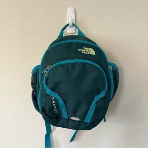 North Face Sprout toddler hiking  backpack in dark teal and neon green